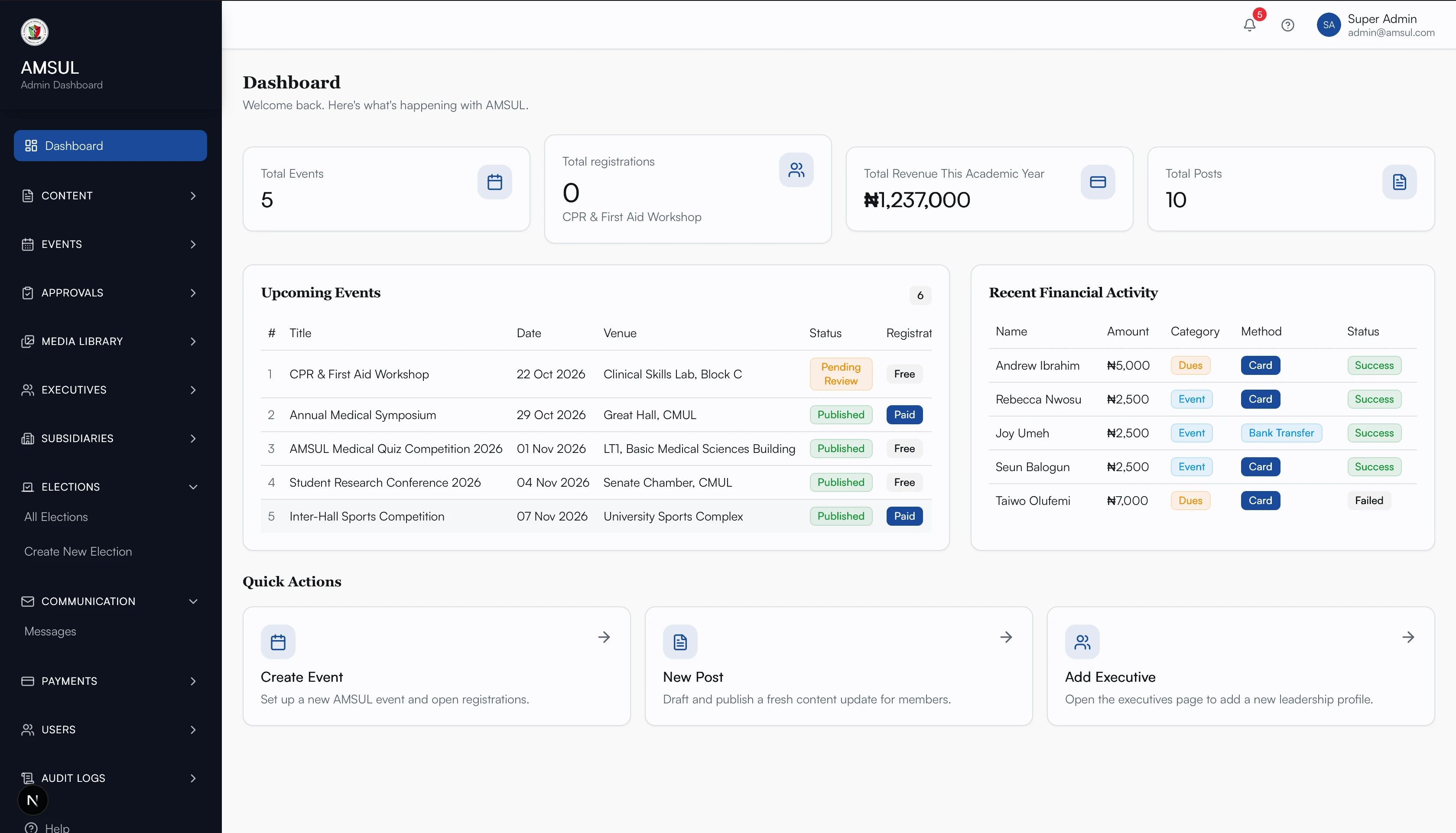 StruktHQ organization dashboard with events, financial activity and quick actions
